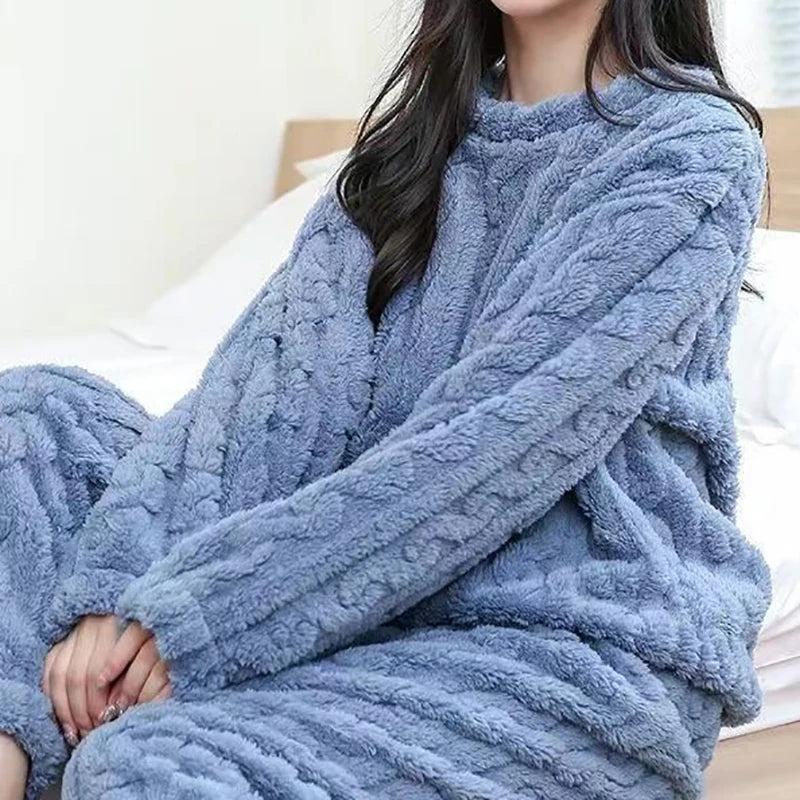 Women's Thick Velvet Ribbed Fleece Lounge Set blue-set by HitMyNeed