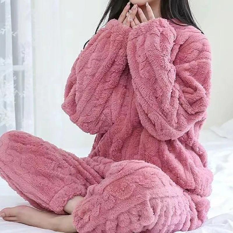 Women's Thick Velvet Ribbed Fleece Lounge Set pink-set by HitMyNeed