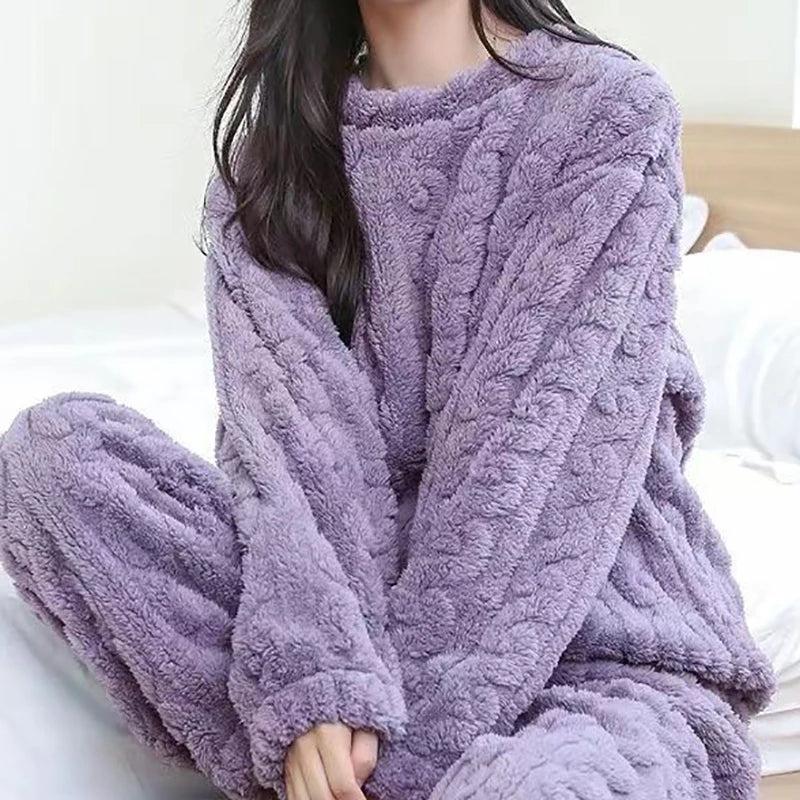 Women's Thick Velvet Ribbed Fleece Lounge Set purple-set by HitMyNeed