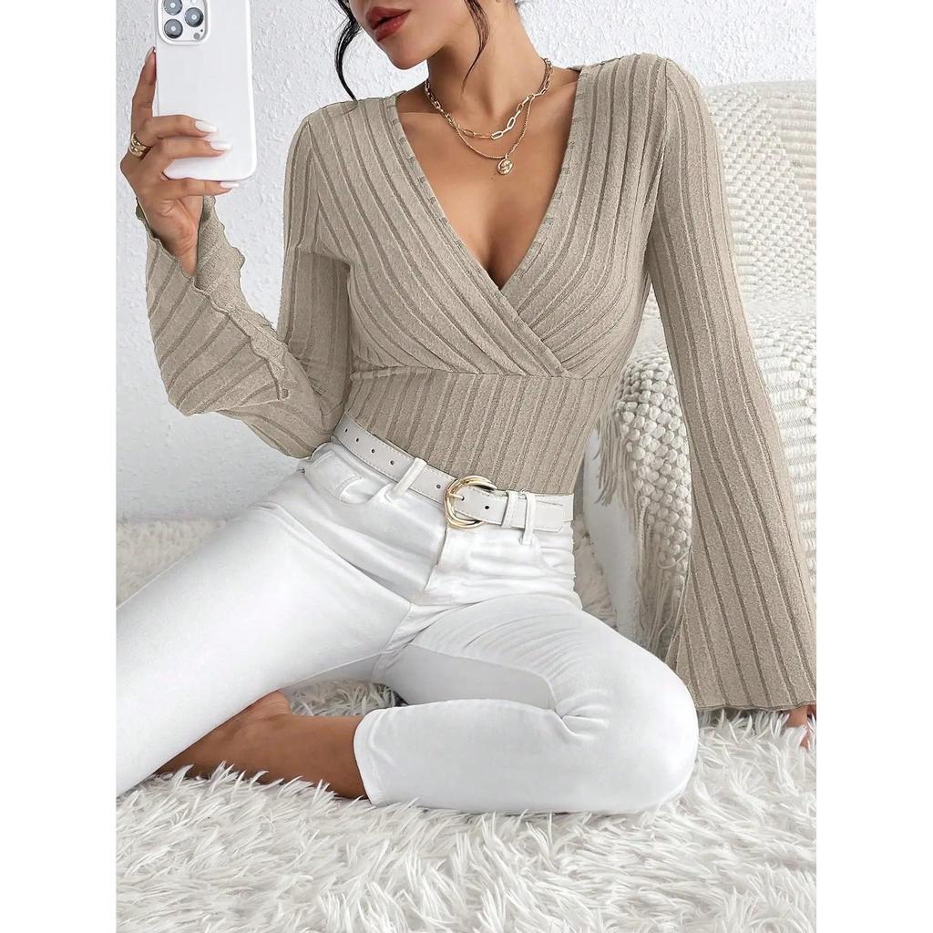Women's V-Neck Striped Knit Long Sleeve Top by HitMyNeed