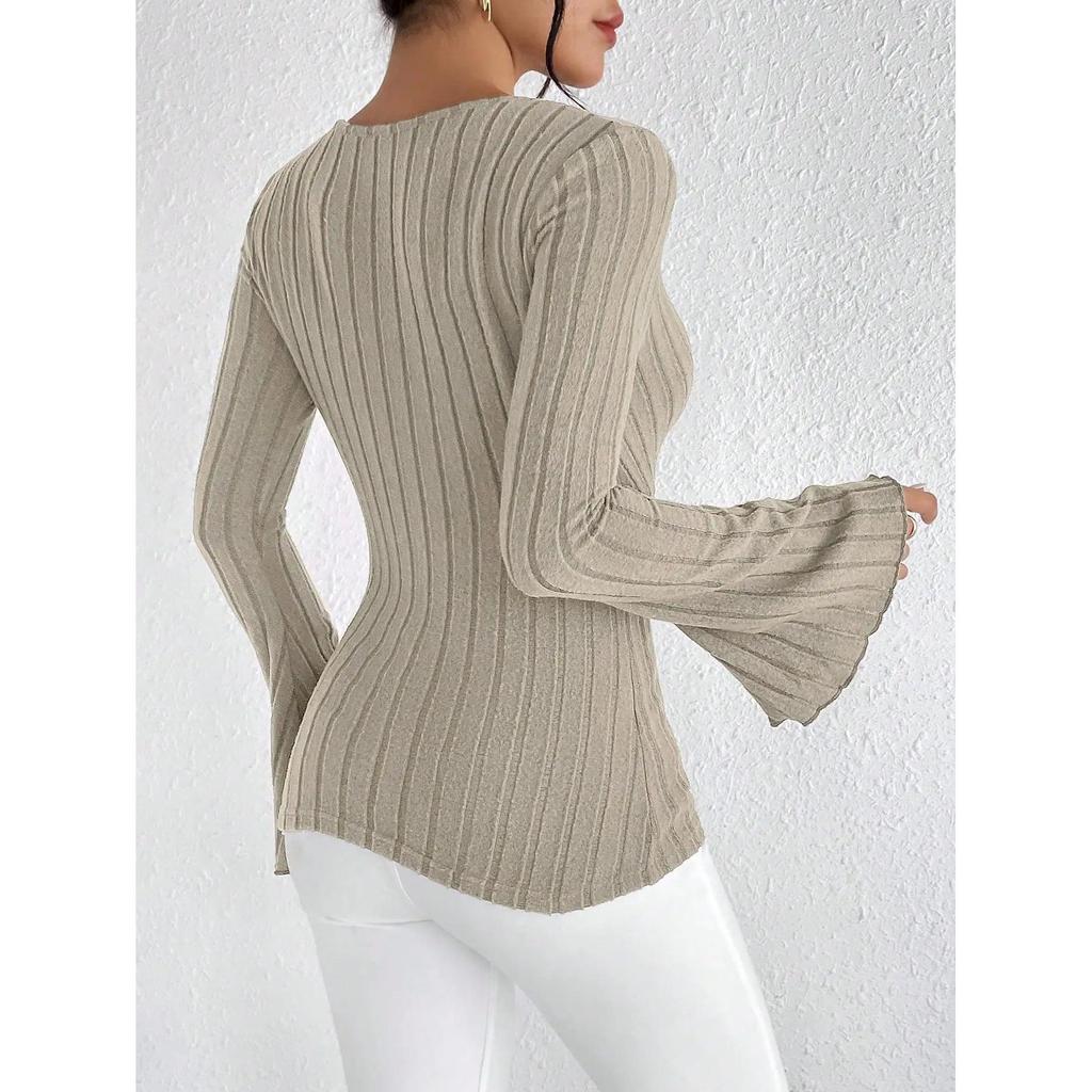 Women's V-Neck Striped Knit Long Sleeve Top by HitMyNeed