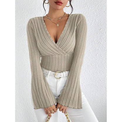 Women's V-Neck Striped Knit Long Sleeve Top 66062-2 l by HitMyNeed