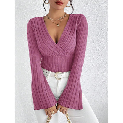 Women's V-Neck Striped Knit Long Sleeve Top 66062-31 xs by HitMyNeed