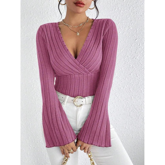 Women's V-Neck Striped Knit Long Sleeve Top 66062-31 xs by HitMyNeed