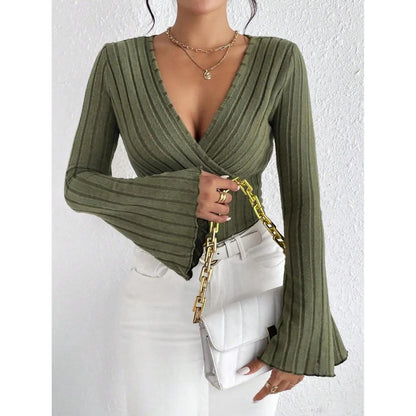 Women's V-Neck Striped Knit Long Sleeve Top 66062-8 xs by HitMyNeed