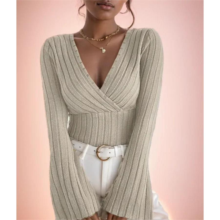 Women's V-Neck Striped Knit Long Sleeve Top by HitMyNeed