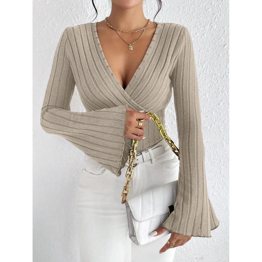 Women's V-Neck Striped Knit Long Sleeve Top by HitMyNeed