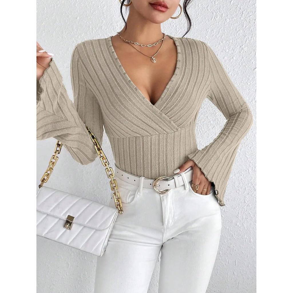 Women's V-Neck Striped Knit Long Sleeve Top by HitMyNeed