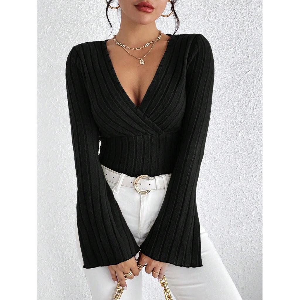 Women's V-Neck Striped Knit Long Sleeve Top black-66062-12 s by HitMyNeed