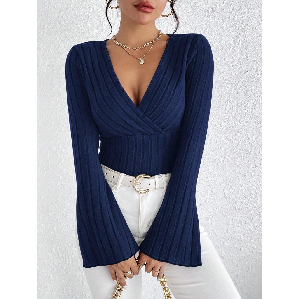 Women's V-Neck Striped Knit Long Sleeve Top dark-blue-66062-28 s by HitMyNeed