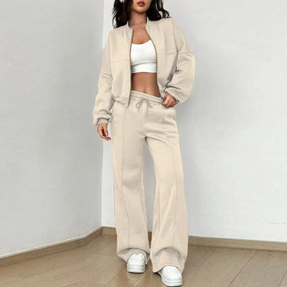 Women's Vintage O‑Neck Bomber Sweatsuit Set beige-no-plush l by HitMyNeed