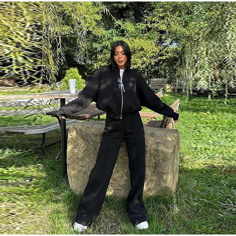 Women's Vintage O‑Neck Bomber Sweatsuit Set black s by HitMyNeed