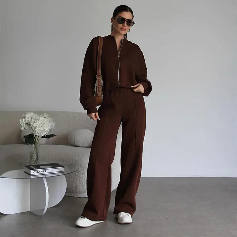 Women's Vintage O‑Neck Bomber Sweatsuit Set coffee s by HitMyNeed