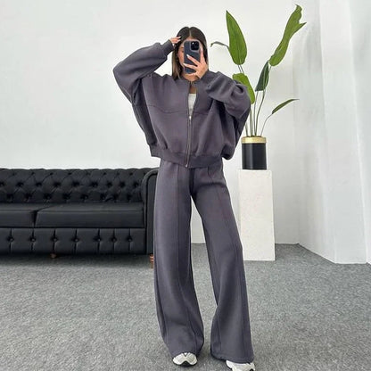 Women's Vintage O‑Neck Bomber Sweatsuit Set dark-grey s by HitMyNeed