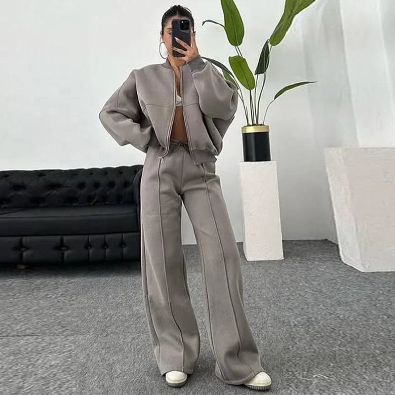 Women's Vintage O‑Neck Bomber Sweatsuit Set khaki s by HitMyNeed