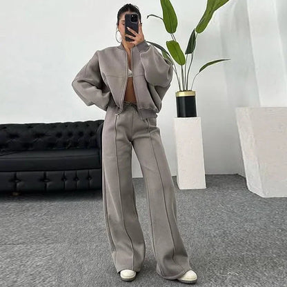 Women's Vintage O‑Neck Bomber Sweatsuit Set khaki s by HitMyNeed