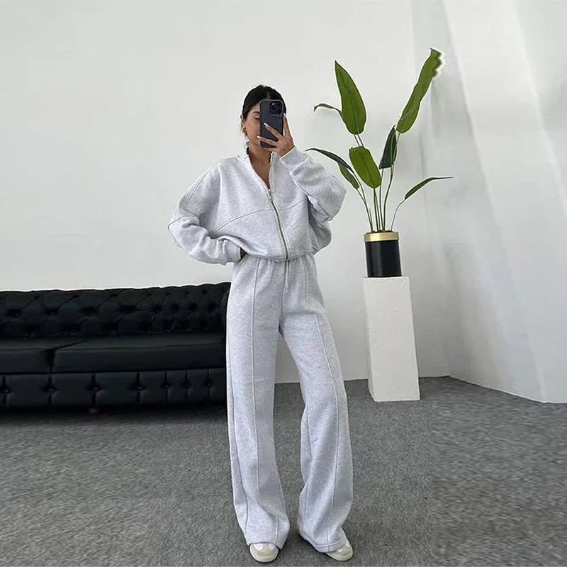 Women's Vintage O‑Neck Bomber Sweatsuit Set light-gray s by HitMyNeed