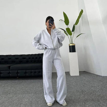Women's Vintage O‑Neck Bomber Sweatsuit Set light-gray s by HitMyNeed