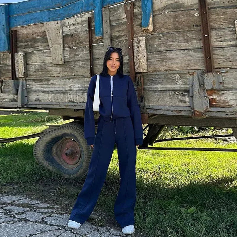 Women's Vintage O‑Neck Bomber Sweatsuit Set navy-blue s by HitMyNeed