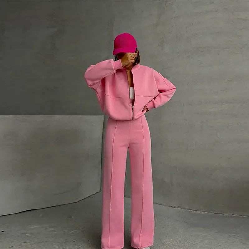 Women's Vintage O‑Neck Bomber Sweatsuit Set pink s by HitMyNeed