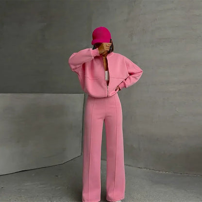 Women's Vintage O‑Neck Bomber Sweatsuit Set pink s by HitMyNeed