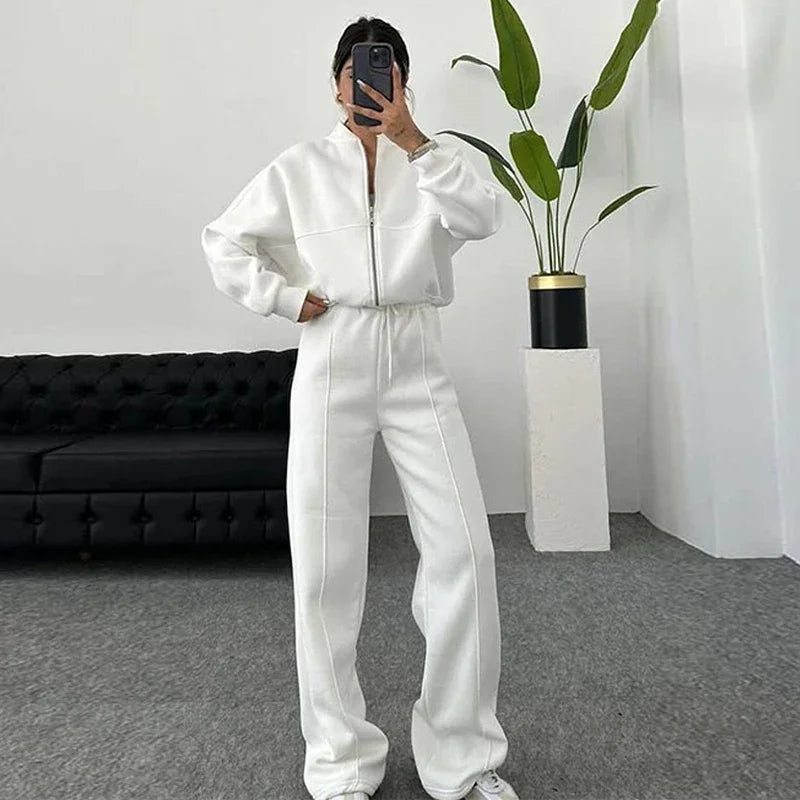 Women's Vintage O‑Neck Bomber Sweatsuit Set white s by HitMyNeed