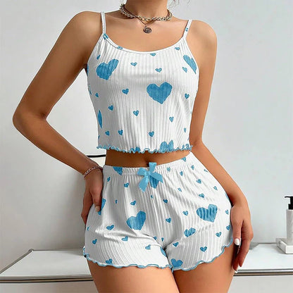Women's White Love Print Tank & Shorts Pajama Set blue xl by HitMyNeed