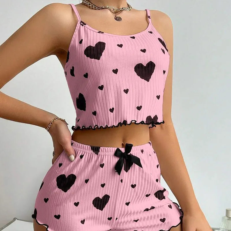 Women's White Love Print Tank & Shorts Pajama Set pink s by HitMyNeed