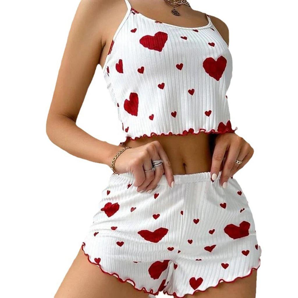 Women's White Love Print Tank & Shorts Pajama Set red xl by HitMyNeed