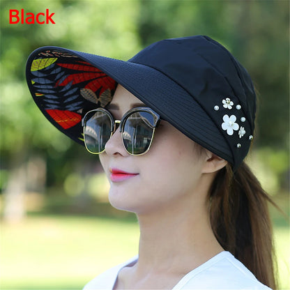 Women's Wide Brim Foldable Sun Hat UV Protection black by HitMyNeed