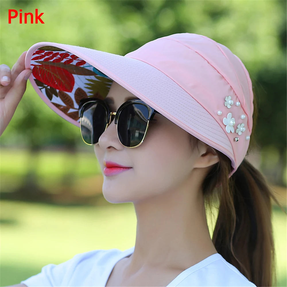 Women's Wide Brim Foldable Sun Hat UV Protection pink by HitMyNeed