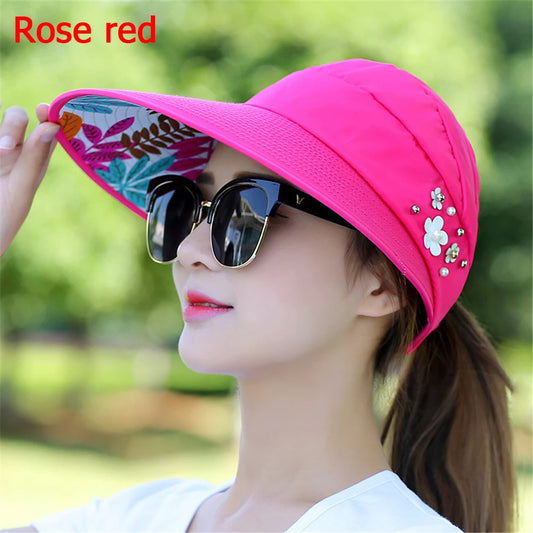 Women's Wide Brim Foldable Sun Hat UV Protection rose-red by HitMyNeed