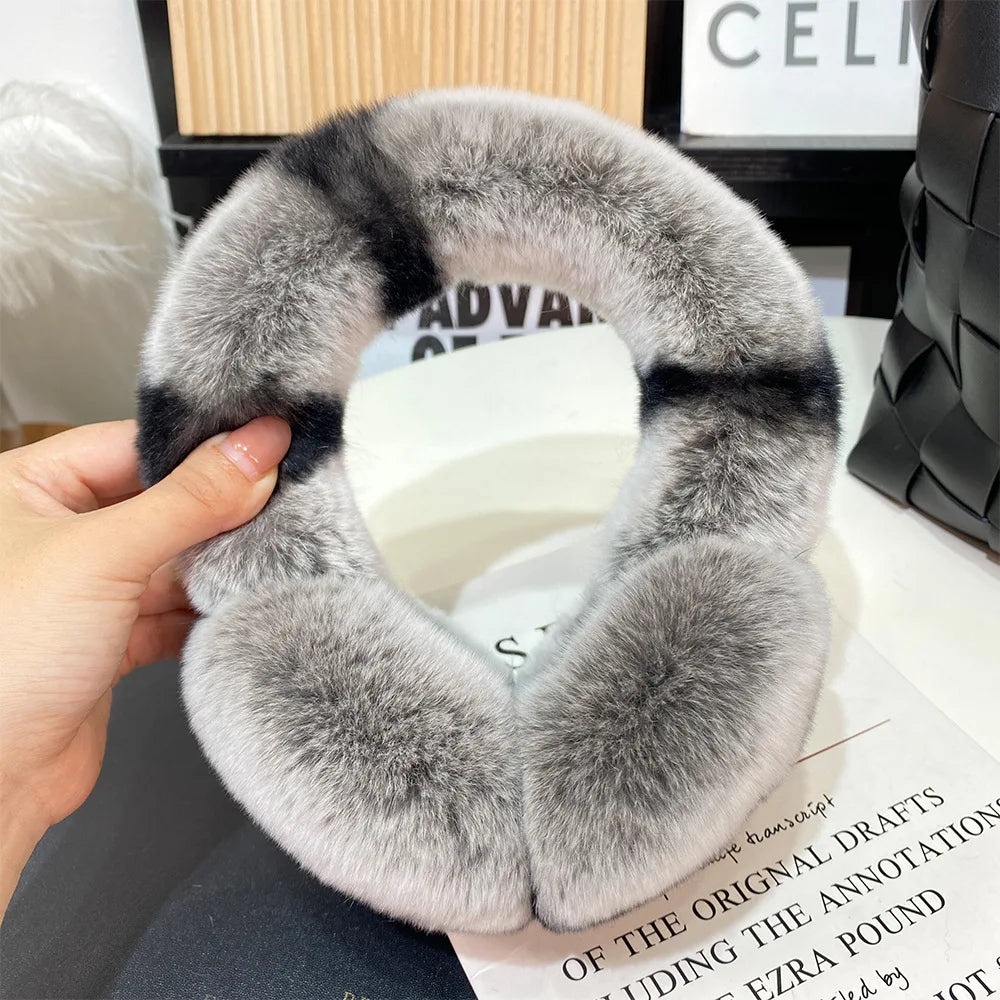Women's Winter Rex Rabbit Fur Ear Muffs grey-black by HitMyNeed