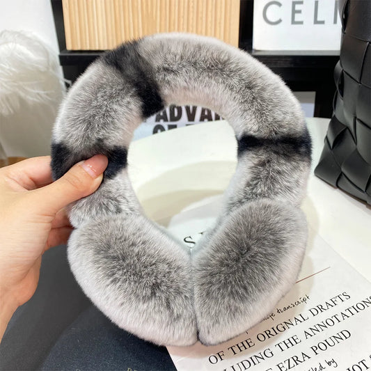 Women's Winter Rex Rabbit Fur Ear Muffs grey-black by HitMyNeed