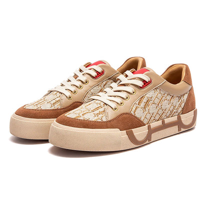 Women's Woven Letter Print Flat Casual Sneakers beige 36.0 by HitMyNeed