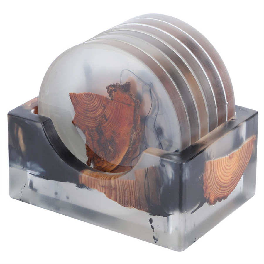 Wood and Resin Coaster Set with Holder (6 Pcs) by HitMyNeed