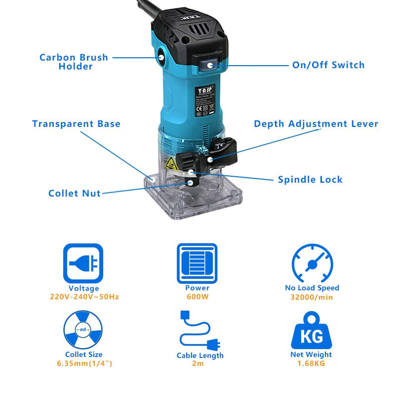Wood Router 220V 32000RPM with Guides, 1/4" Collet by HitMyNeed