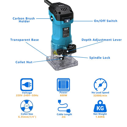 Wood Router 220V 32000RPM with Guides, 1/4" Collet by HitMyNeed