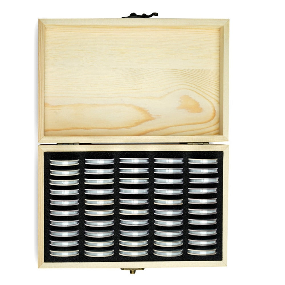 Wooden Coin Storage Box with 50 Coin Capsules by HitMyNeed