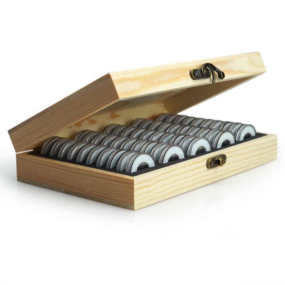 Wooden Coin Storage Box with 50 Coin Capsules by HitMyNeed