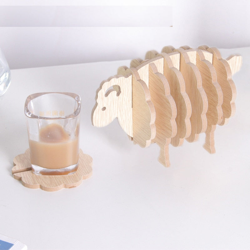 Wooden Cup Coaster Set with Sheep Stand, 6 Pieces by HitMyNeed