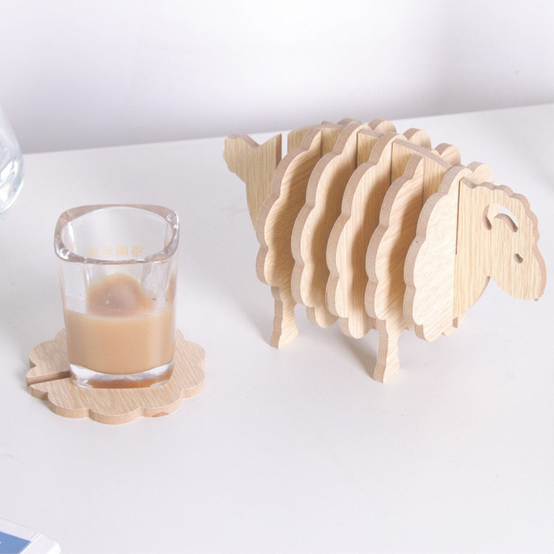 Wooden Cup Coaster Set with Sheep Stand, 6 Pieces by HitMyNeed