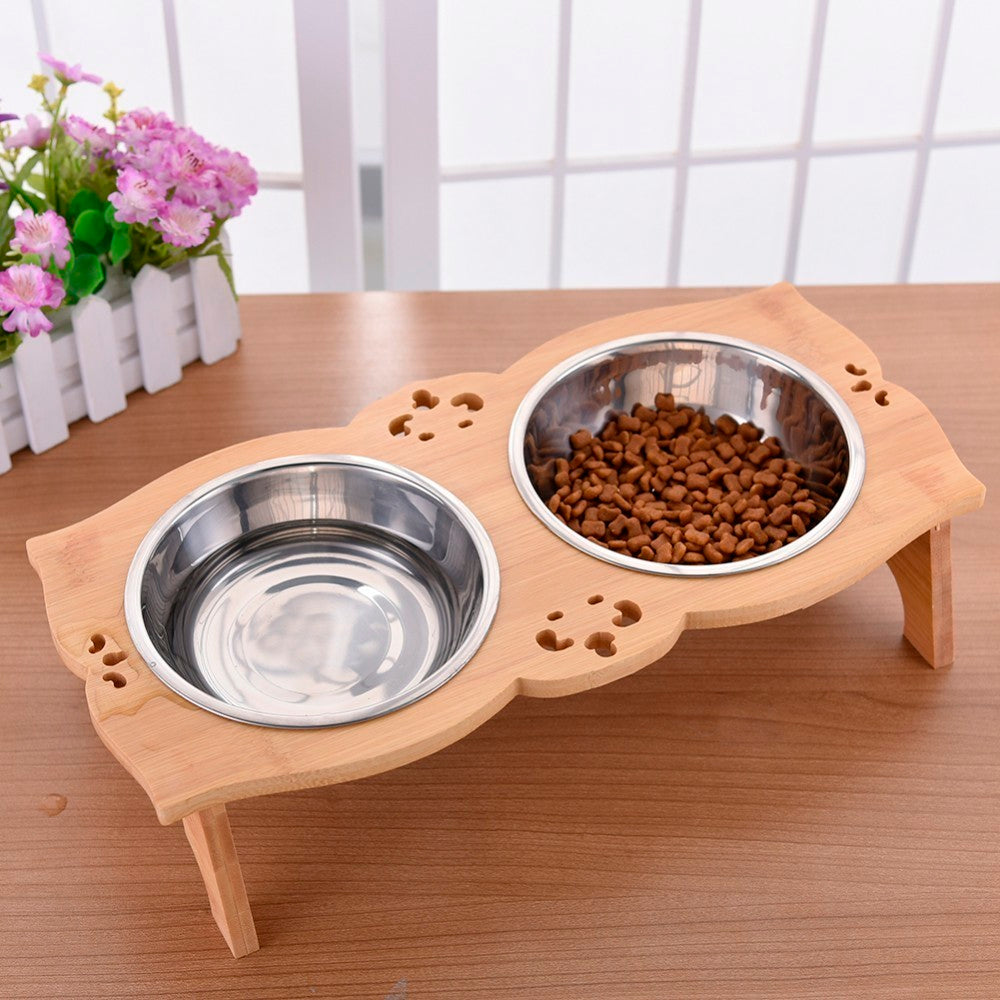 Wooden Elevated Dog Bowl Stand with Dual Stainless Bowls by HitMyNeed
