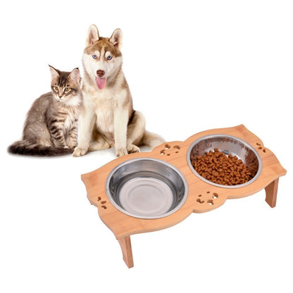 Wooden Elevated Dog Bowl Stand with Dual Stainless Bowls by HitMyNeed