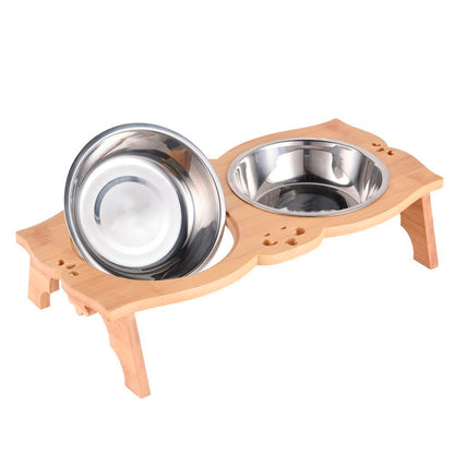 Wooden Elevated Dog Bowl Stand with Dual Stainless Bowls by HitMyNeed