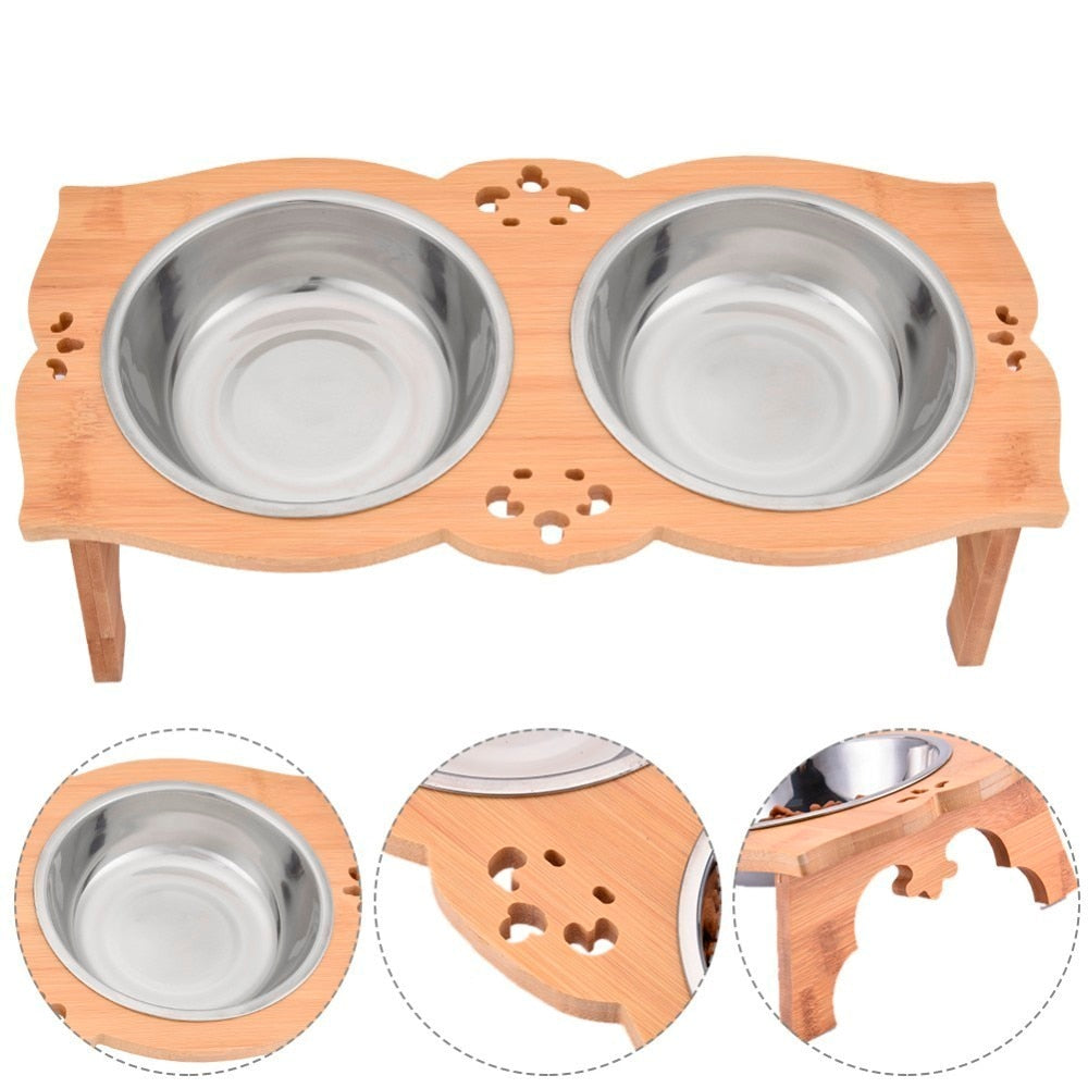 Wooden Elevated Dog Bowl Stand with Dual Stainless Bowls by HitMyNeed
