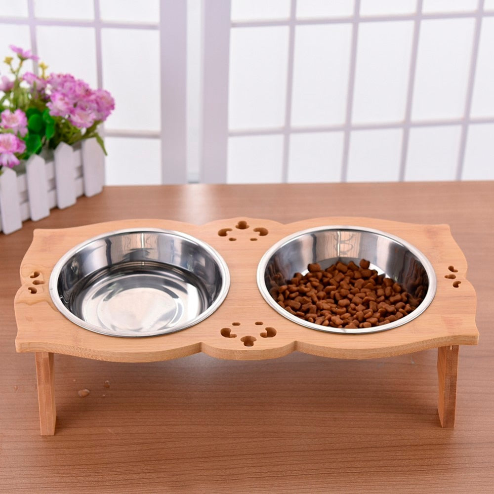 Wooden Elevated Dog Bowl Stand with Dual Stainless Bowls by HitMyNeed
