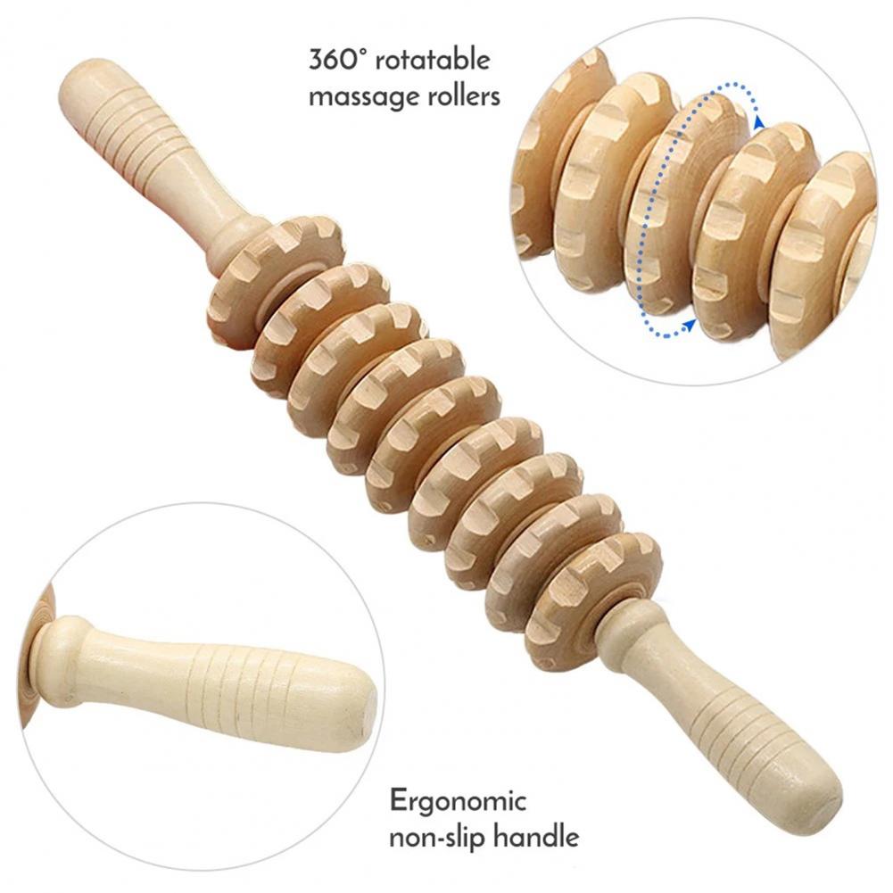 Wooden Fascia Massage Stick with Grooved Rollers by HitMyNeed
