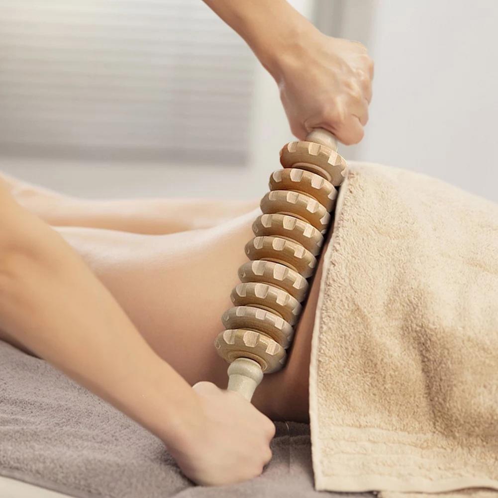 Wooden Fascia Massage Stick with Grooved Rollers by HitMyNeed