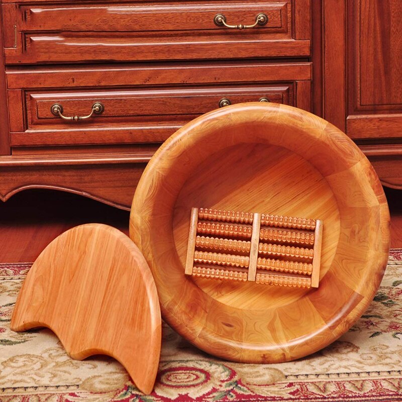 Wooden Foot Bath Bucket with Lid and Roller by HitMyNeed